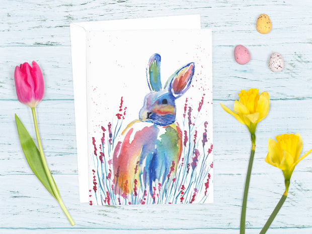 Easter Rainbow Bunny! 5x7 in. TWO VERSIONS, blank greeting card, happy Easter card, easter bunny card, rainbow bunny card, animal card