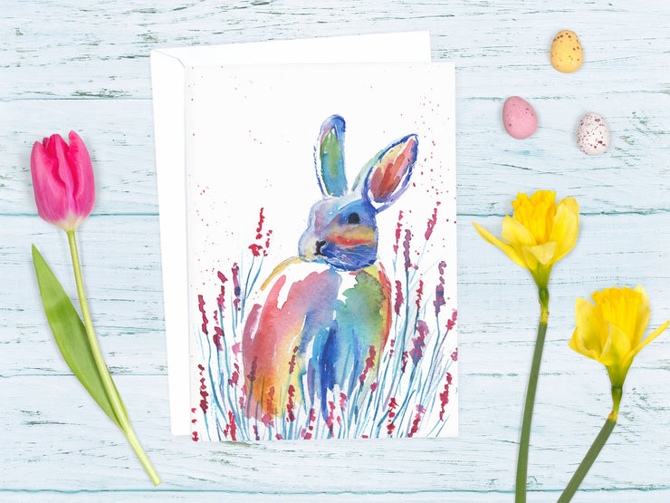 Easter Rainbow Bunny! 5x7 in. TWO VERSIONS, blank greeting card, happy Easter card, easter bunny card, rainbow bunny card, animal card