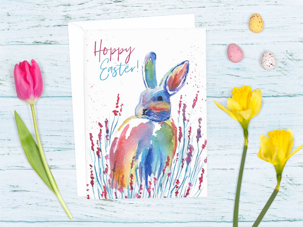 Easter Rainbow Bunny! 5x7 in. TWO VERSIONS, blank greeting card, happy Easter card, easter bunny card, rainbow bunny card, animal card
