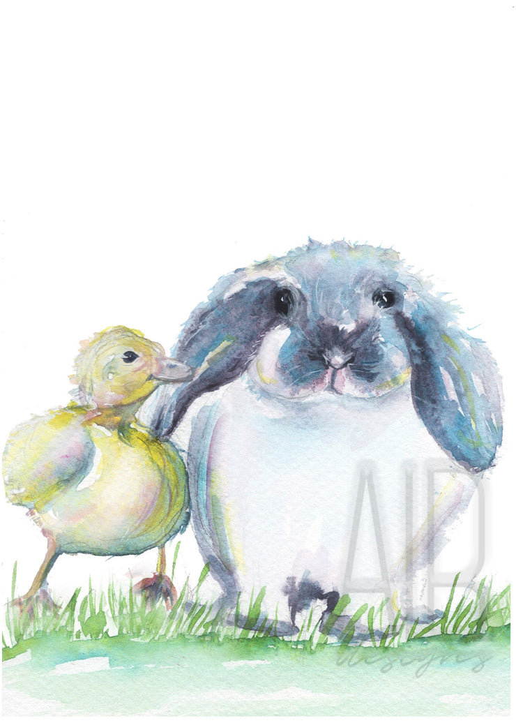 Watercolor Duck and Bunny Print 8x10 & 5x7 art print,  nursery art, spring decor, spring decorations, kids wall art, easter wall art,