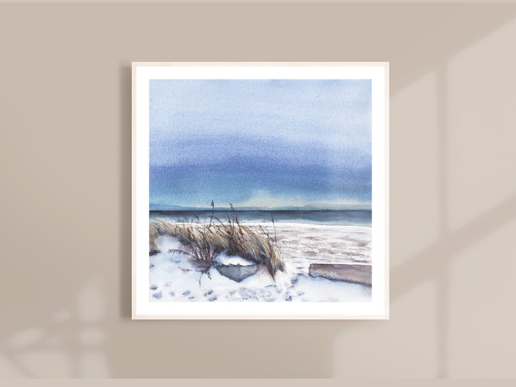 Icy Beach watercolor print, 8x8 or 10x10 fine art print, beach art, wave art, beach house art, relaxing wall art, cape cod art