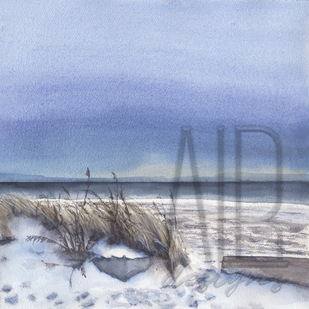 Icy Beach watercolor print, 8x8 or 10x10 fine art print, beach art, wave art, beach house art, relaxing wall art, cape cod art