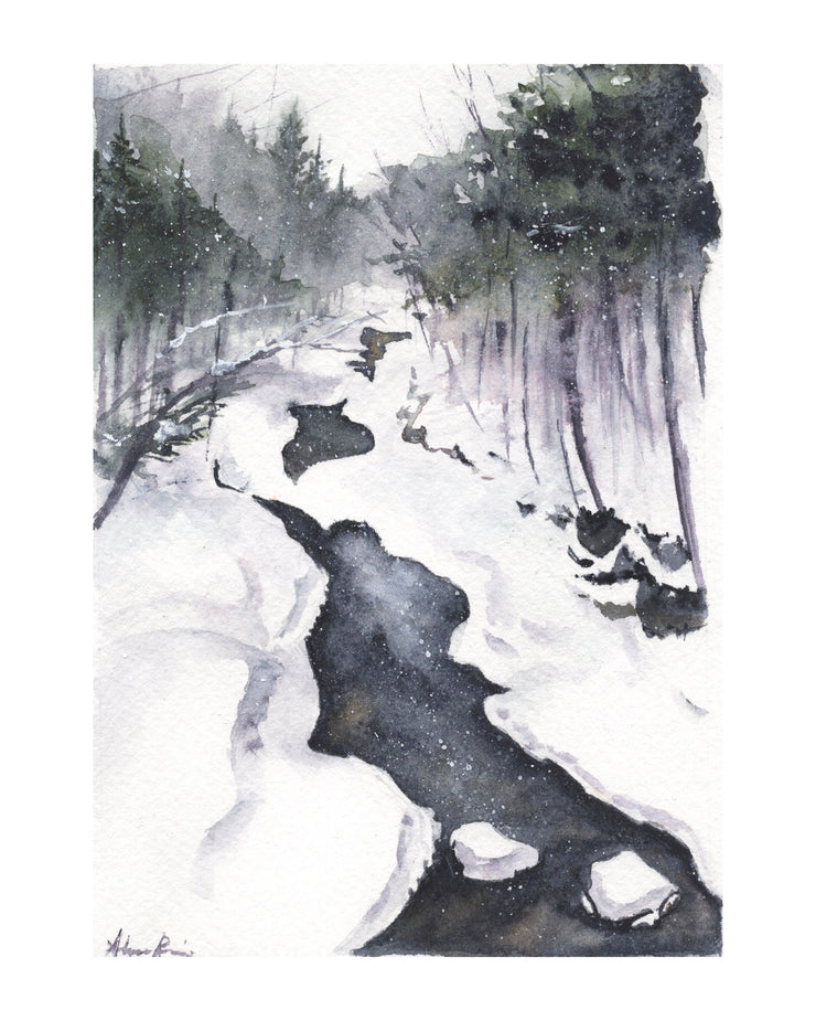 Watercolor Winter River 8x10 & 5x7 Print, art print, wall art, home decor, winter landscape, winter art