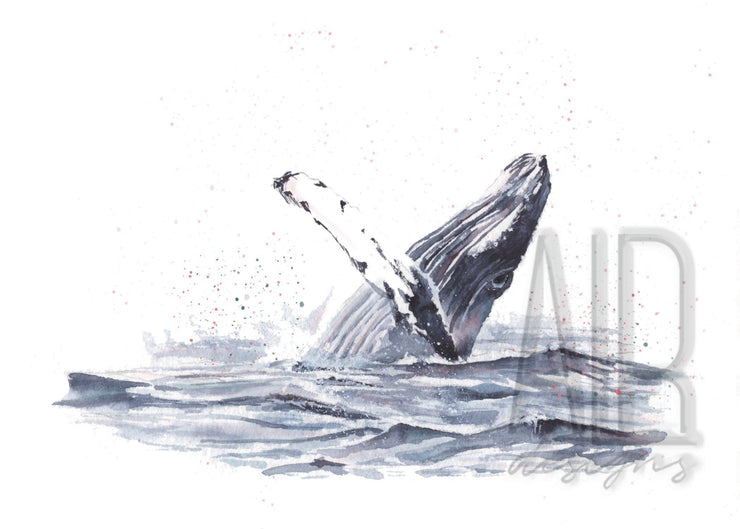Watercolor Humpback whale wave 8x10 & 5x7 Print, art print, wall art, home decor, coastal art, funny art beach art, nautical art