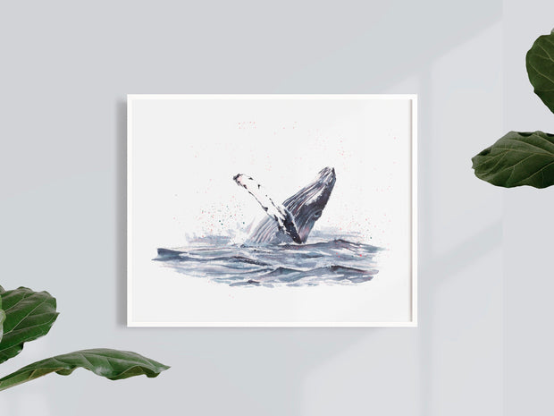 Watercolor Humpback whale wave 8x10 & 5x7 Print, art print, wall art, home decor, coastal art, funny art beach art, nautical art