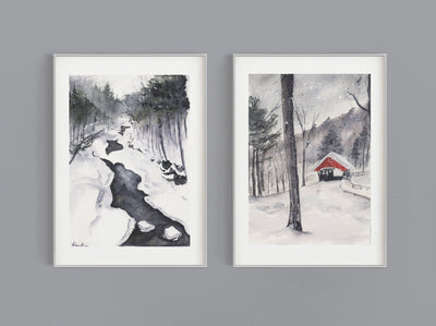 White Mountains Set,  2 PRINTS, gallery watercolor wall art, home decor, winter art, snow landscape paintings