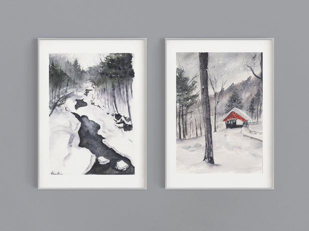 White Mountains Set,  2 PRINTS, gallery watercolor wall art, home decor, winter art, snow landscape paintings