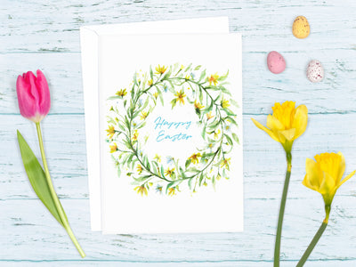 Happy Easter Wreath! 5x7 in. blank greeting card, happy Easter card, Easter art, Easter wreath, spring art, easter decor