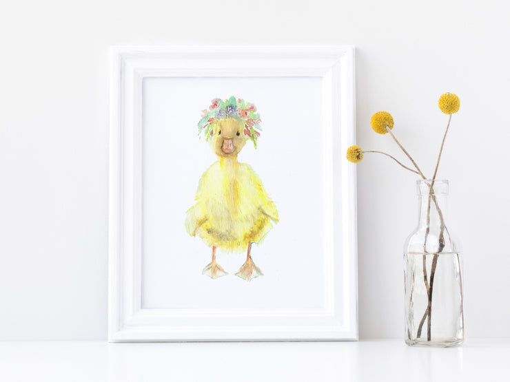 Flower Crown Duck Print 8x10 & 5x7  watercolor art print,  nursery art, spring decor, spring decorations, kids wall art, watercolor duck