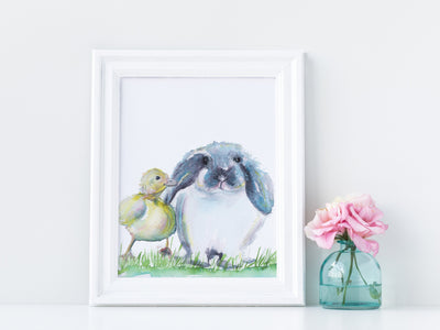 Watercolor Duck and Bunny Print 8x10 & 5x7 art print,  nursery art, spring decor, spring decorations, kids wall art, easter wall art,