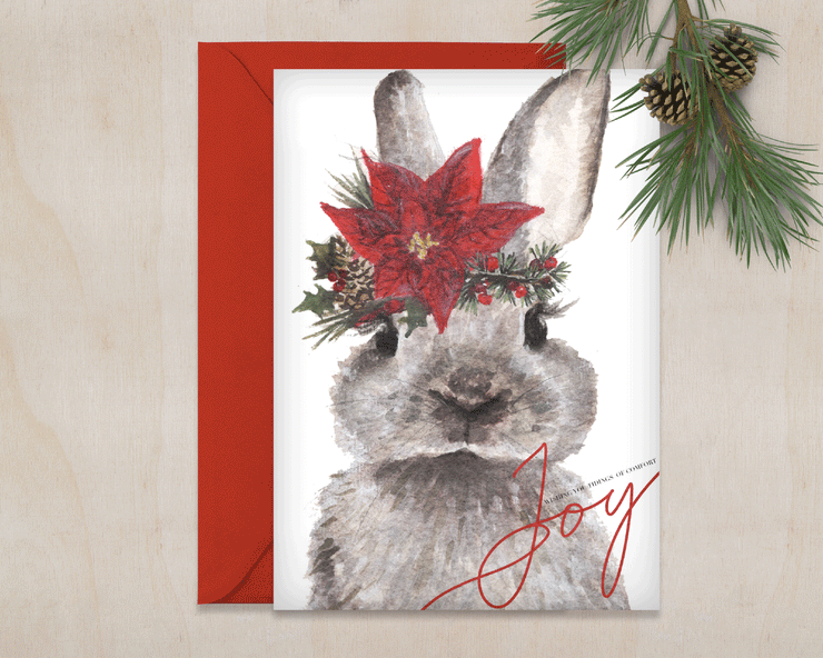 Joy Poinsettia Bunny 5x7 Christmas Greeting Card