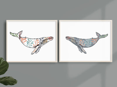 "Leafy Whales" 5x7" or 8x10" Set of 2, Fine Art Prints