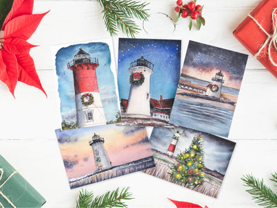Christmas Lighthouse Card Set  of 5 or 6 Cards