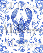 Blue Lobster Floral 8x10 or 5x7 in Fine Art Print