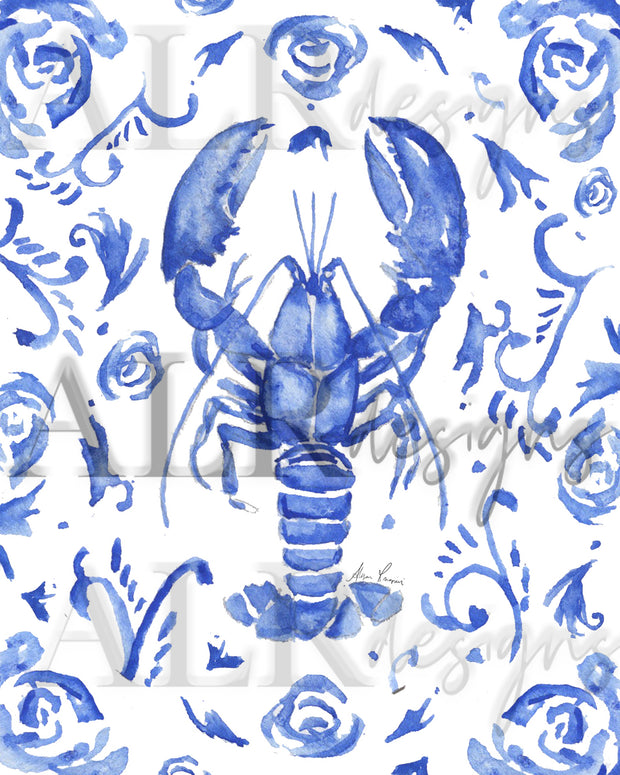 Blue Lobster Floral 5x7, 8x10, or 11x14 in Fine Art Print