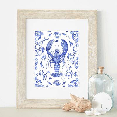 Blue Lobster Floral 8x10 or 5x7 in Fine Art Print