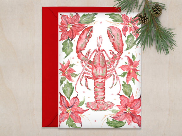 Poinsettia Lobster 5x7 Blank Christmas Greeting Card