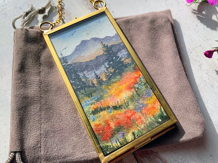 Colorful Mountain Meadow, Mini Original Painting in Hanging Brass Frame