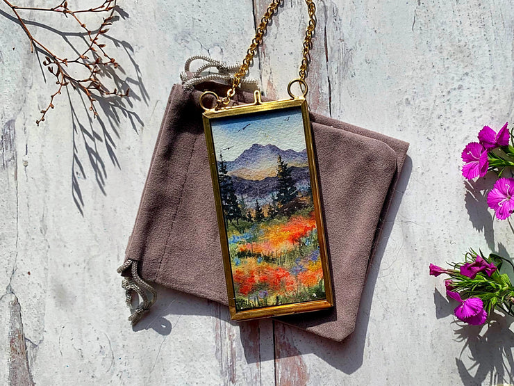 Colorful Mountain Meadow, Mini Original Painting in Hanging Brass Frame