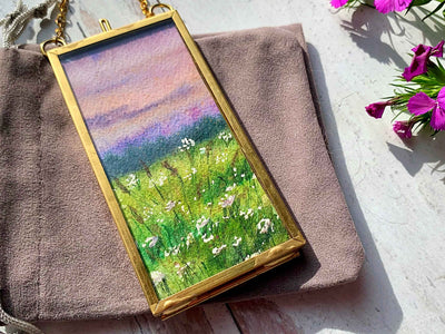 Purple Skies, Mini Original Painting in Hanging Brass Frame
