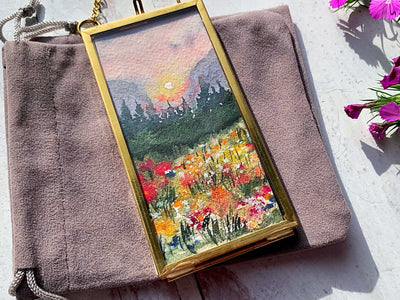 Wildflower Mountain Meadow, Mini Original Painting in Hanging Brass Frame
