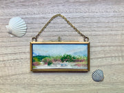 Beach Bench Mini Original Painting in Hanging Brass Frame