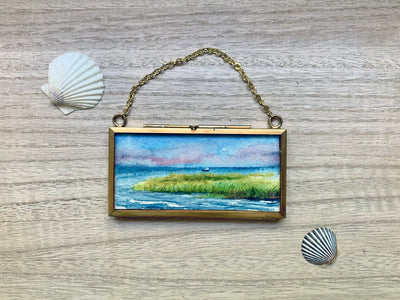 "Tip of Long Beach" Mini Original Painting in Hanging Brass Frame