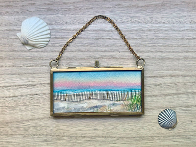 "Beach Fence" Mini Original Painting in Hanging Brass Frame