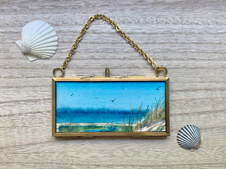 "Mayflower Beach" Mini Original Painting in Hanging Brass Frame
