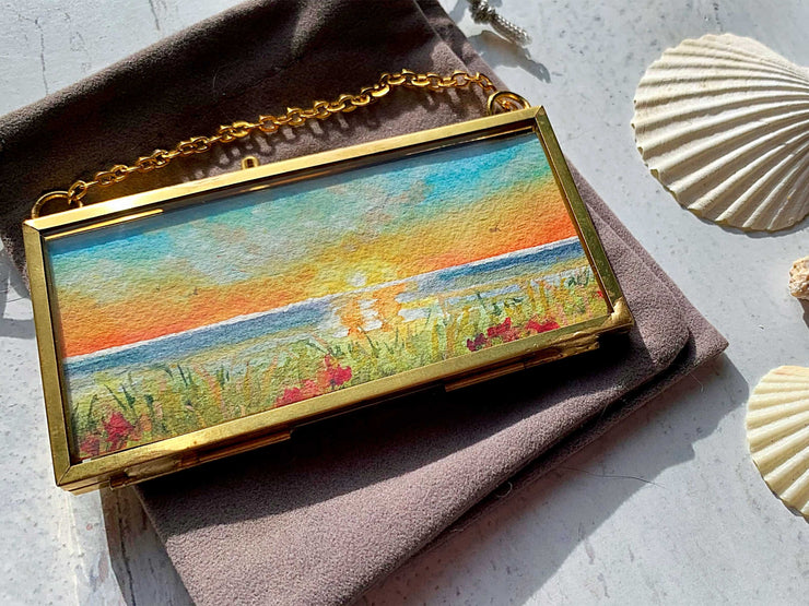 Golden Sunset, Mini Original Painting in Hanging Brass Frame