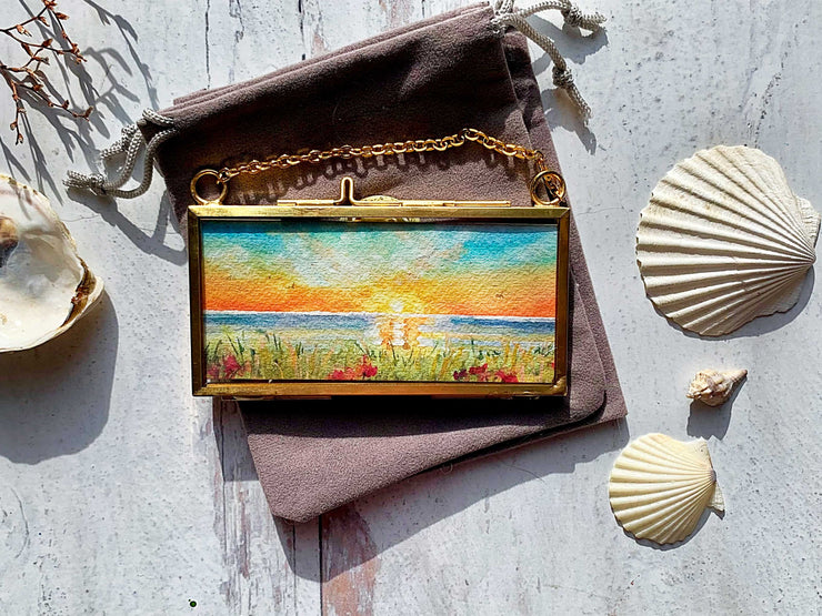 Golden Sunset, Mini Original Painting in Hanging Brass Frame