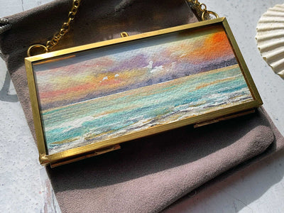 Ocean Skies, Mini Original Painting in Hanging Brass Frame