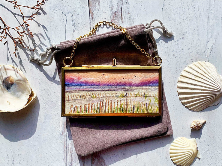 Pink Sunset Mini Original Painting in Hanging Brass Frame