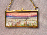 Pink Sunset Mini Original Painting in Hanging Brass Frame