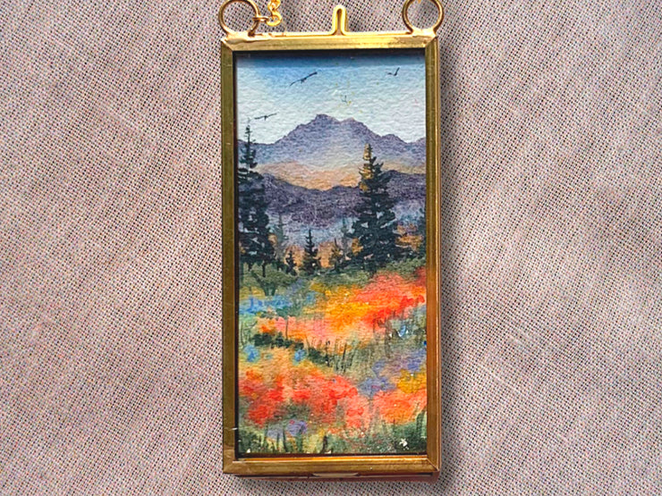 Colorful Mountain Meadow, Mini Original Painting in Hanging Brass Frame