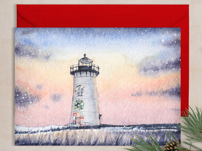 Sunset Christmas Lighthouse 5x7 Blank Christmas Greeting Card