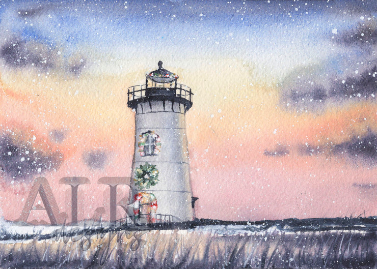 Sunset Christmas Lighthouse 5x7 Blank Christmas Greeting Card