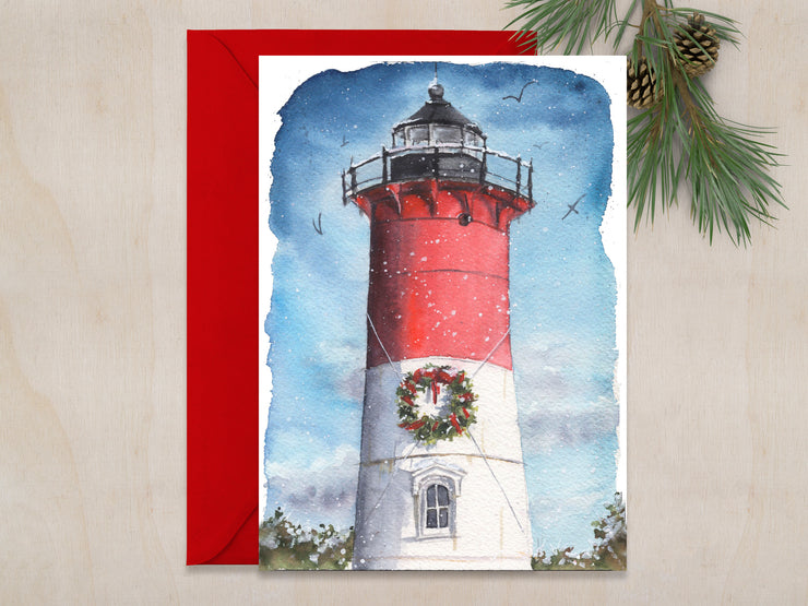 Nauset Lighthouse Christmas 5x7 Blank Christmas Greeting Card