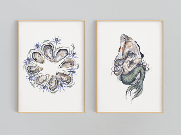 Oyster Mermaid – Set of 2 Coastal Watercolor Prints