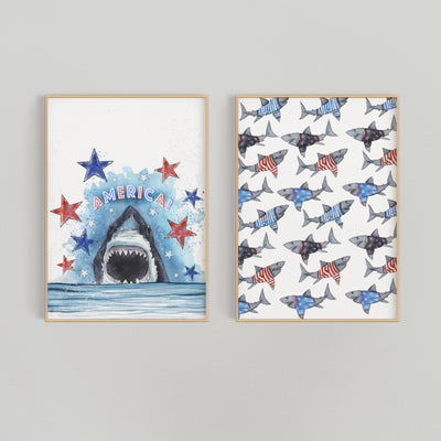 Patriotic Sharks, 5x7 or 8x10, Set of 2 Fine Art Prints