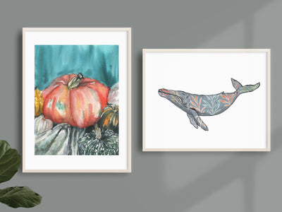 Pumpkins and Whales I 5x7" or 8x10" Set of 2, Fine Art Prints
