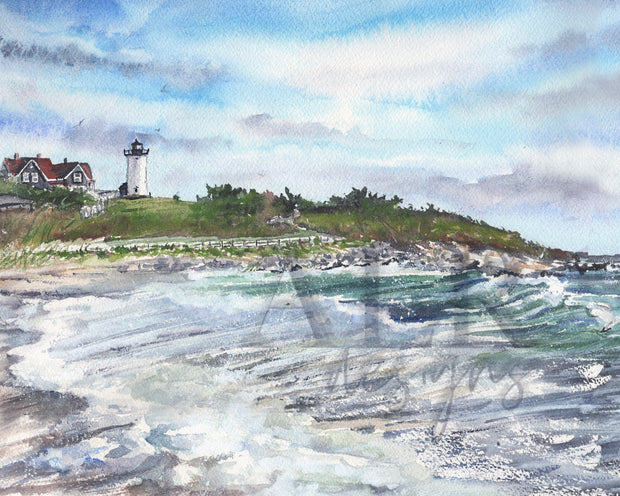 Nobska Light Summer Coastal Watercolor Print – 5x7, 8x10, or 11x14 Fine Art by ALR Designs