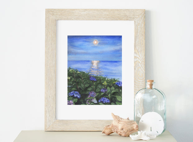 Hydrangea Moonlight  Coastal Watercolor Print – 5x7, 8x10, or 11x14 Fine Art by ALR Designs