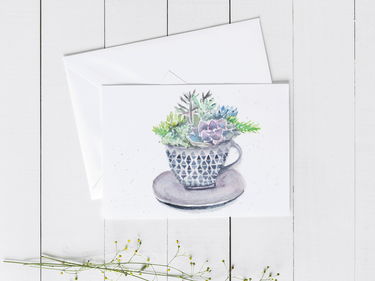 Succulent Tea Cup 5x7 Blank Greeting Card