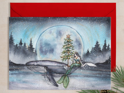 Full Moon Christmas Mermaid 5x7 Blank Christmas Greeting Card