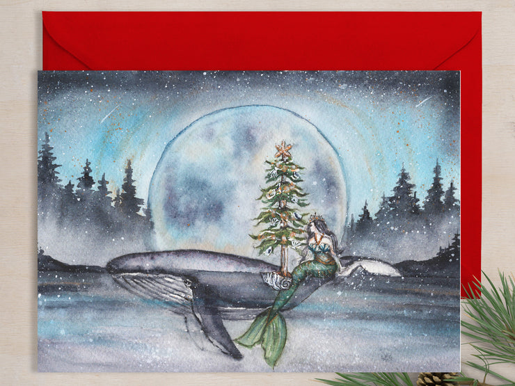 Full Moon Christmas Mermaid 5x7 Blank Christmas Greeting Card