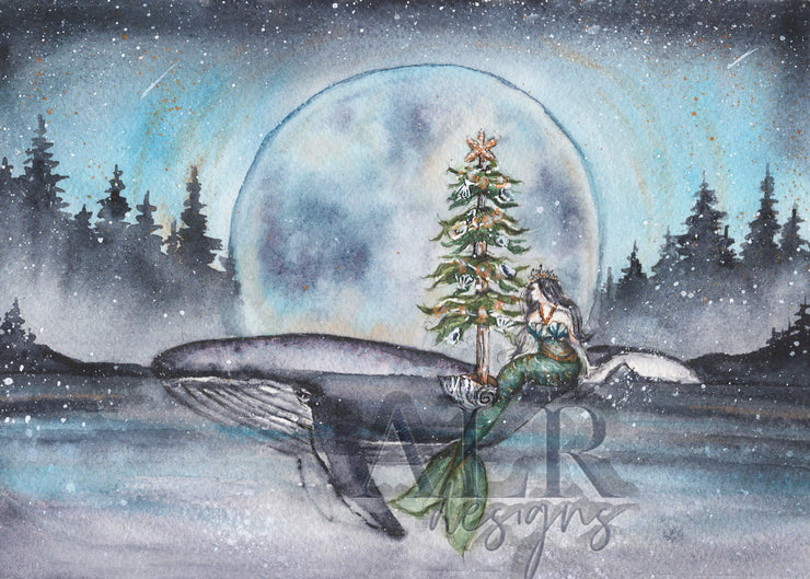 Full Moon Christmas Mermaid 5x7 Blank Christmas Greeting Card
