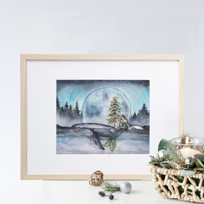 Christmas Whale and Moon 8x10 or 5x7 Fine Art Print