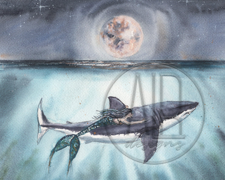 Shark and Mermaid 5x7 or 8x10 Fine Art Print