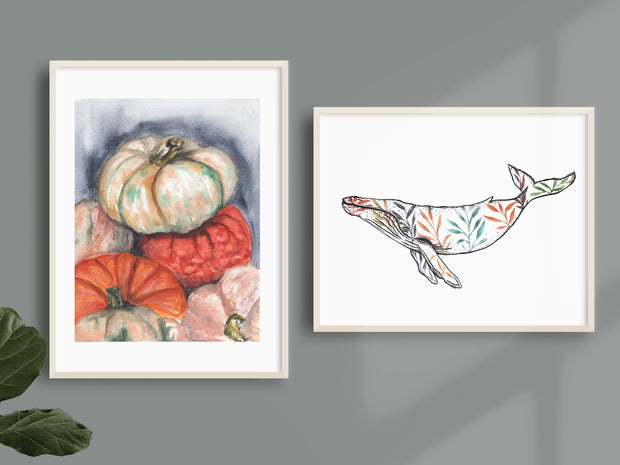 Pumpkins and Whales II 5x7" or 8x10" Set of 2, Fine Art Prints